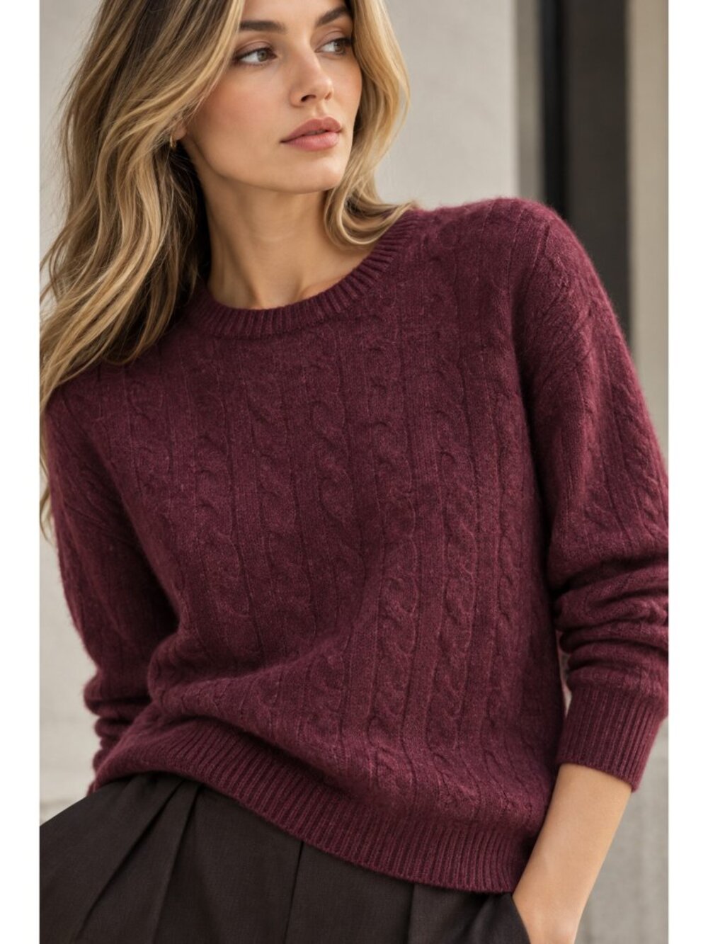 Daniel Bishop 100% 2-Ply Cashmere Cable Knit Sweater Burgundy XL